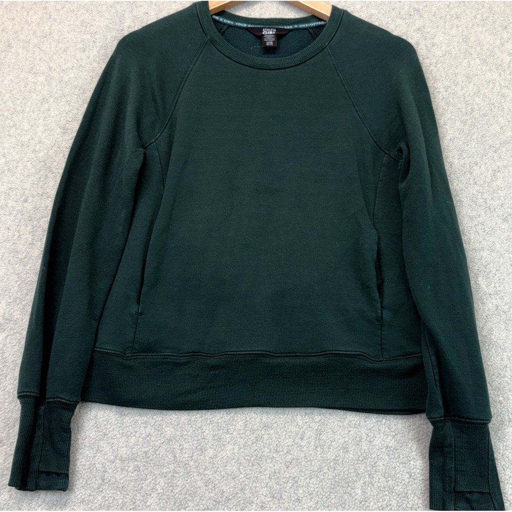 Athleta Girls Sweatshirt Dark Green Pocket Fleece Ribbed Cuffs Crewneck L/12